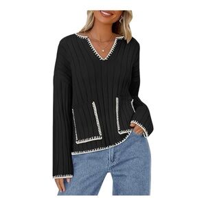 Black and White Ribbed Bell Sleeve Sweater Tops